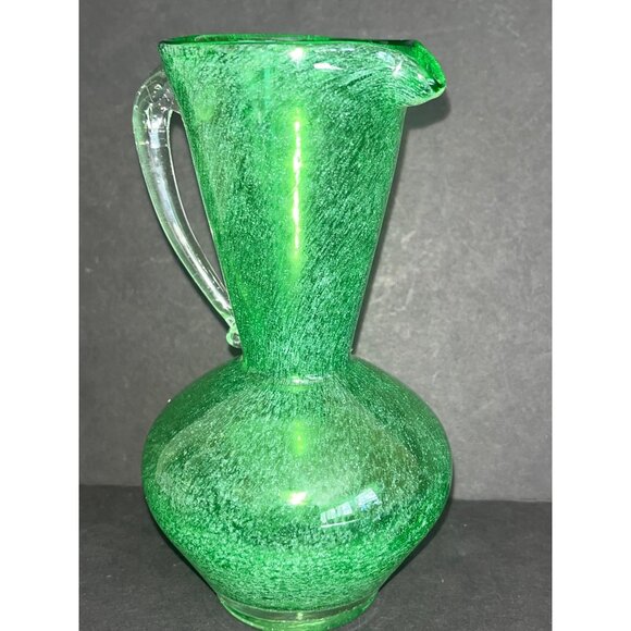 Green Handblown Glass Pitcher Clear Applied Handle 6.5" Tall Vintage Vase - Picture 1 of 6